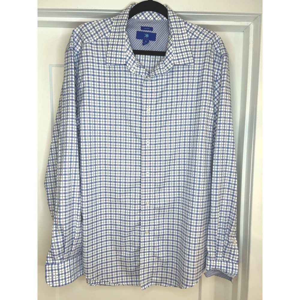 Egara Mens XL Blue White Grid Check Non-Iron 100% Cotton Button Down Dress Shirt